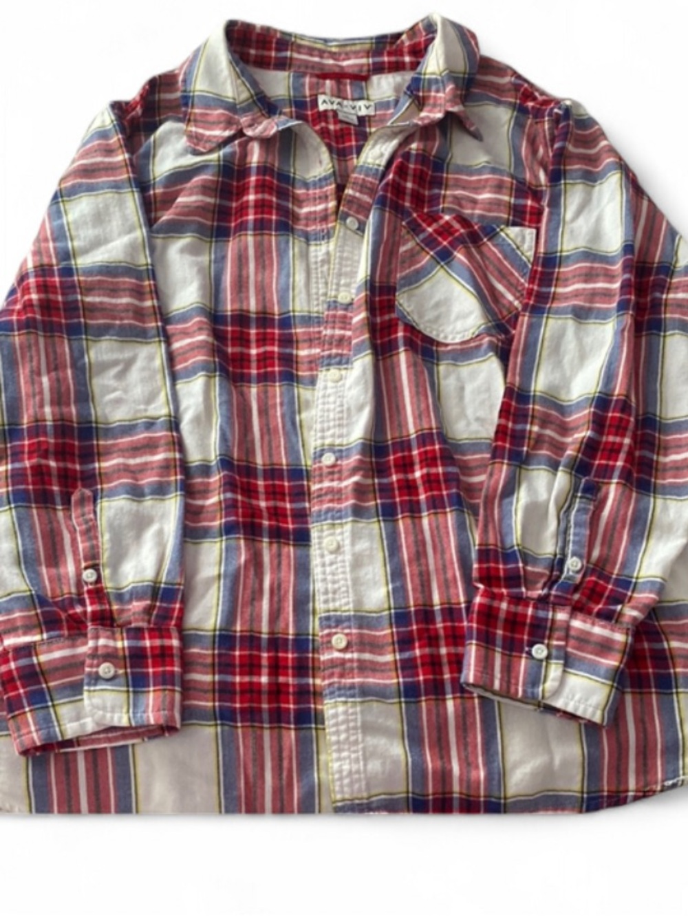 Ava & Viv Red and White Plaid Button-Down Long Sleeve Flannel Shirt.